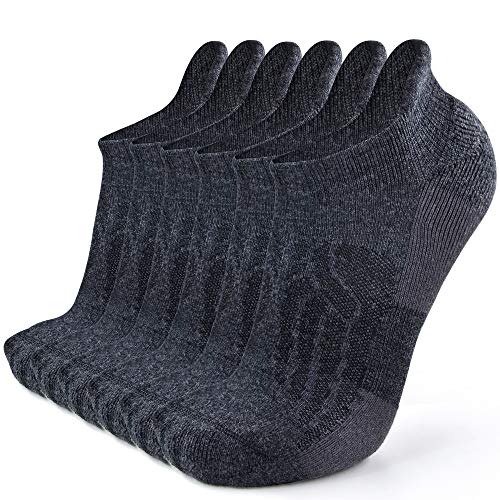 Busy Socks Hiking Socks Merino Wool for Men Women, No Show Merino Wool Dress Performance Support Athletic Cushion Tab Socks, Dark Grey, Large, 6 Pairs