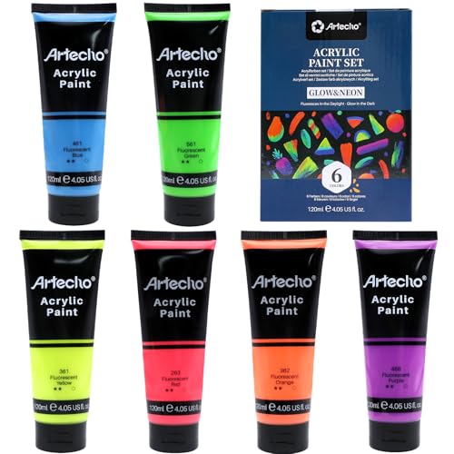 Image of Artecho Glow in the Dark Paint 6 Colors, 120 ml / 4 oz | Non-Toxic, Waterproof, For Canvas Rock Wood Fabric, Rich Pigment, For Adults & Hobbyists