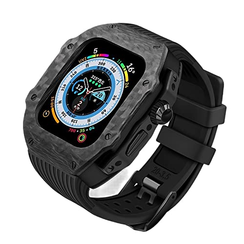 OFWAX Kit de modificación de caja de reloj de fibra de carbono con correa de goma de flúor, para Apple Watch Ultra2 Ultra8 de 49 mm, 9, 7, 6, 5, 4, SE, 45 mm, 44 mm, accesorios de repuesto para reloj