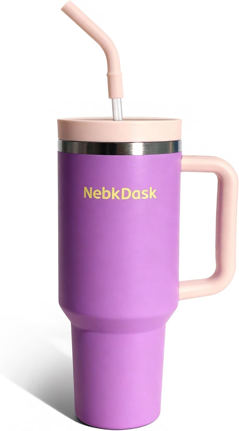 40 oz Tumbler with Handle and Straw - Insulated Stainless Steel Travel Mug, Cup Holder Friendly Water Bottle Extra Large Double Wall Coffee Thermos,Dishwasher Safe,BPA Free(Purple)