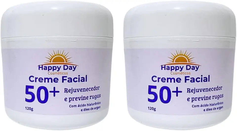 Kit 2 Creme Facial 50+ Para Rugas Com Acido Hialurônico Antirrugas e Antissinais 120g Happy Day Cosméticos