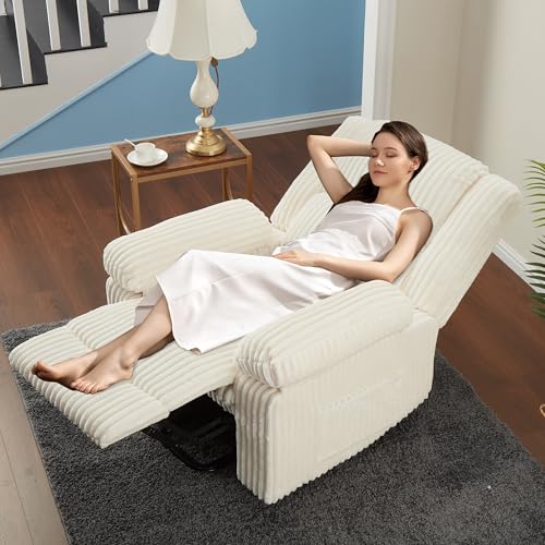 Image of Garvee Corduroy Recliner Chair, Manual Recliner Sofa with Handle, Pillow Top Arms, Thick Padding, Side Pocket, 330Lbs Capacity, Adjustable Recliner for Living Room, Bedroom, Home Theater, White