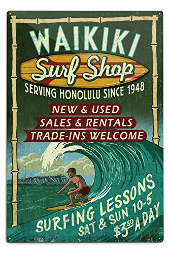 Lantern Press Waikiki Surf Shop, Hawaii, Surf Shop Vintage Sign (12x18 Aluminum Art, Indoor Outdoor Metal Sign Decor)