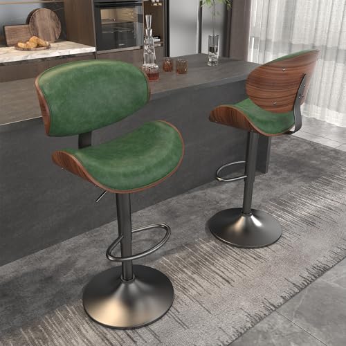 Image of YaFiti Bar Stools Set of 3, Bar Stools for Kitchen Island with Bentwood Back and Leather Seat, Swivel Bar Stools for Kitchen Counter, Bar, Green