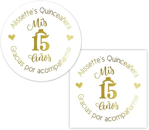 Foiled Mis Quince Stickers, Etiquetas de Quinceañera Personalizadas, Shiny Sweet 15 Favor Labels, Gold Foil Stickers (#264-F)