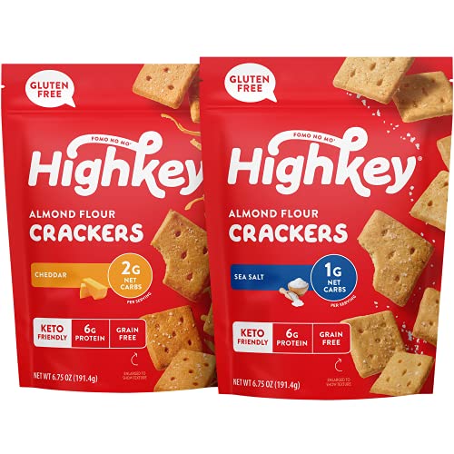 HighKey Gluten Free Crackers - Cheddar Cheese and Sea Salt Almond Flour Cracker, Keto Snacks, Low Carb Chips, & Sugar Free Snacks, Protein Snack Crisps, Healthy Diet Food & Diabetic Friendly Foods