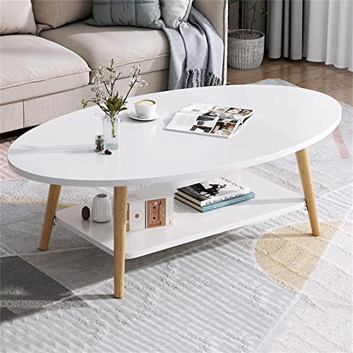 Mesa de centro ovalada moderna con 2 capas de estantes abiertos para almacenamiento y exhibición, pequeña mesa de sofá blanca de 2 niveles para sala de estar y oficina en casa