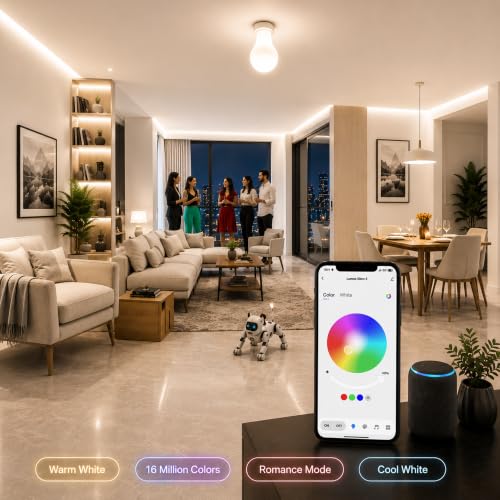 Image of 9W B22 WiFi Smart LED Bulb, 16 Million RGB Colours, Warm White, Neutral White, Cool White, Music Sync, App Control, Compatible with Alexa, Google Assistant, Dimmable Smart Light