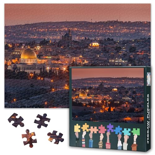 1000 Pieces Jigsaw Puzzles for Adults Paper Puzzle Jerusalem Skyline Wall Art Pictures Religious Artwork Temple Mount Paintings Cityscape Immersive Challenge Home Beautification Gift 27.5x19.7 Inch