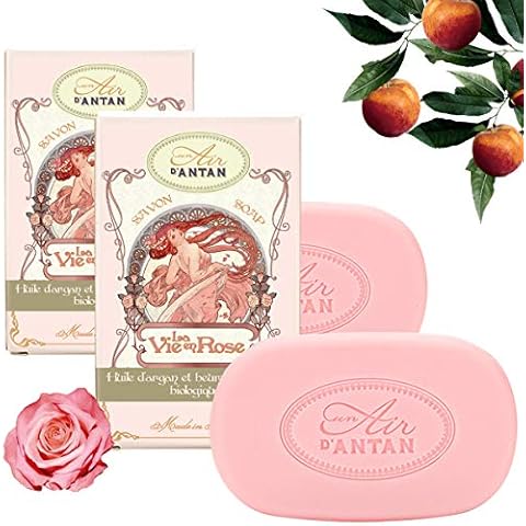 Pack 2x100 g: Jabones Franceses ROSA/Un Air d’Antan/Formula Hidratante/Patchuli, Rosa, Pesca/Piel Sensible/Aceite de Argan y Manteca de Karite BIO/Jabones Solidos Manos o Corpo Cover