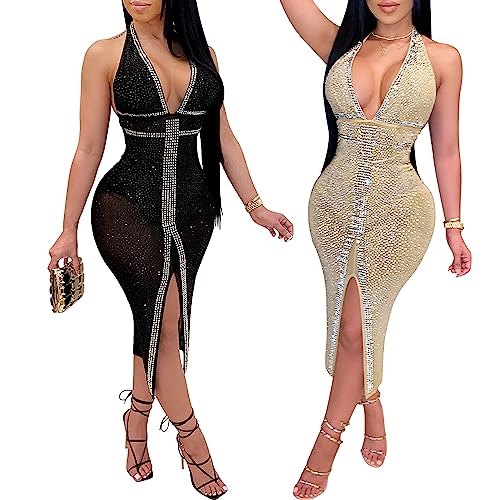 Image of PORRCEY Women's Sexy Rhinestone Mesh See Through Party Night Prom Dress
