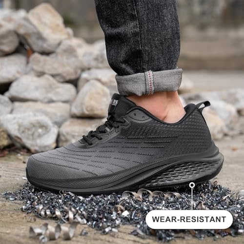 Image of LARNMERN Steel Toe Shoes Men Non Slip Comfortable Lightweight Work Safety Sneakers Cushioning Indestructible Tennis Construction Shoes 51637 (13 Men, Black Gray)