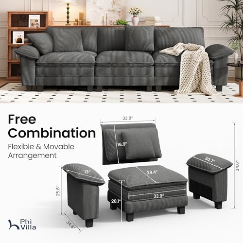 Image of PHI VILLA Modular Couches Sets, 123.6 inch Cloud Sectional Sofa with Upholstered Deep Seat, 3-Seater Couch for Living Room Apartment, Corduroy Fabric, Grey