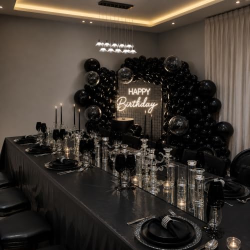 Image of Blue Orchards Black Plastic Table Cover (Pack of 3 with 20 Glue dots) - 54 inch x 108 inch - Black Waterproof & Disposable Tablecloth, Elegant Party Decoration for Graduation, Birthday Party Supplies