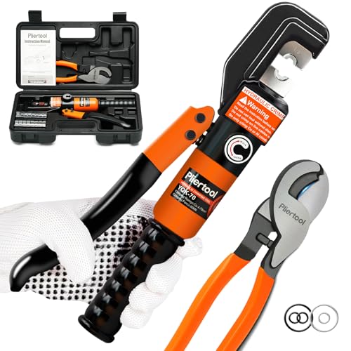 Pliertool 10 Ton Hydraulic Battery Cable Crimper with 9 Dies - Hydraulic Crimper Tool with Dual-Blade Weir Cutter & Spring-Loaded Handle Crimper Kit for 12-2/0 AWG, 1/8" Stainless Steel Railing