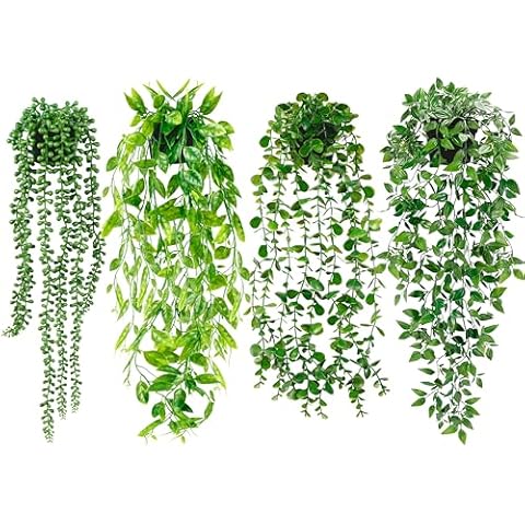 4 Pack Artificial Hanging Plants with Black Pot Cover