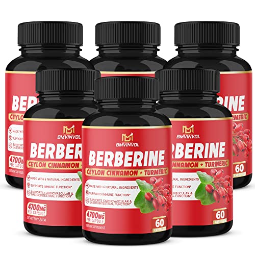 6 Packs Berberine Supplement 4700Mg - 12 Months Supply - High Potency With Ceylon Cinnamon, Turmeric Curcumin - Cardiovascular Gastrointestinal Immune Support - Berberine Hcl Supplement Pills #TOP21