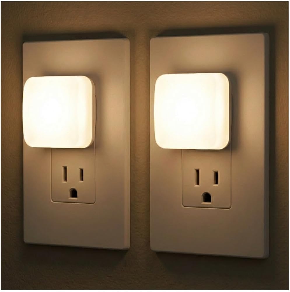 Lights by Night Mini Square LED Night Light, Plug in, Dusk to Dawn Sensor, Warm 3000K, Compact Single Outlet Design (Doesn’t Block 2nd Outlet), Ambient Lighting, Bedroom, Bathroom, 2 Pack, 82487