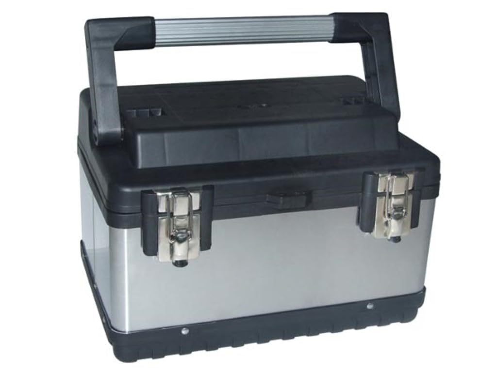 Perel Caja de herramientas de acero inoxidable con bandeja extraíble, toolbox metálica con asa de aluminio y cierres metálicos, caja organizadora para taller y garaje, 38 x 27 x 22,5 cm, 23 L