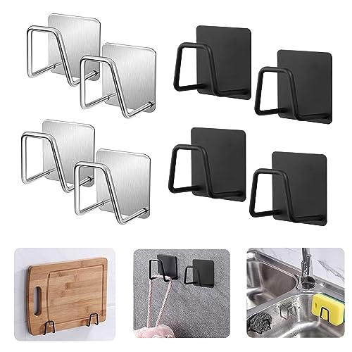 Porte Éponge en Acier Inoxydable Auto Adhésif Support Cuisine pour Planche à Découper - Argent et Noir