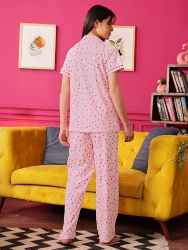Image of Clovia Women's Cotton Printed Button Down Shirt & Pyjama Night Suit Set