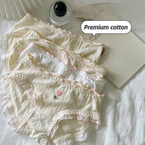 Japanese Anime Cotton Panties for Women Teen Girls Ruffle Trim Mid-rise Comfy Fit 4-Pack Cute Floral Underwear2