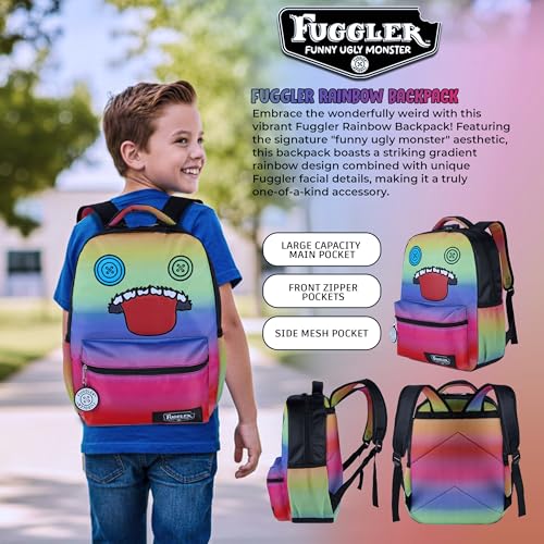 Image of AI ACCESSORY INNOVATIONS Fuggler Backpack with Big Face Oogah Boogah Character, Rainbow Gradient, 16 Inch, Polyester, 3 Pockets, Adjustable Straps, for Kids Ages 5-12