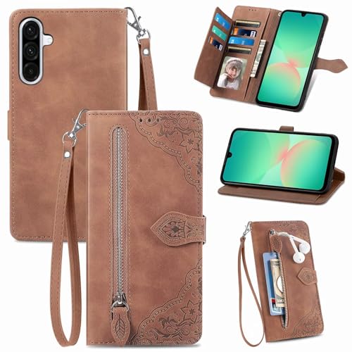 BEENTRYS Cover per Samsung Galaxy A26 4G / 5G Pelle Portafoglio Cover,Fiori Slot Donna con Tasca Zip Porta Carte Laccio Libro Flip Case Supporto Magnetica Protettiva Antiurto Custodia-Marrone