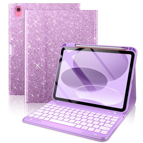 Image of typecase Folio Keyboard Case for iPad 10th Gen 10.9 inch (2022) and iPad 11th (A16, 2025), Magnetic Wireless Detachable Keyboard, 7-Color Backlight, Thin & Light, Pencil Holder - Glitter Purple