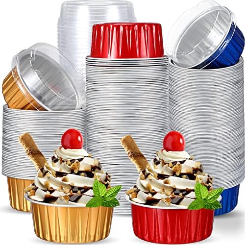 150 Pcs Cupcake Liners with Lids 5 oz Aluminum Foil Cupcake Baking Cups Disposable Ramekins Muffin Cups Mini Aluminum Pans with Lids Cupcake Holder for Creme Brulee or Cupcake(Gold, Red, Royal Blue)