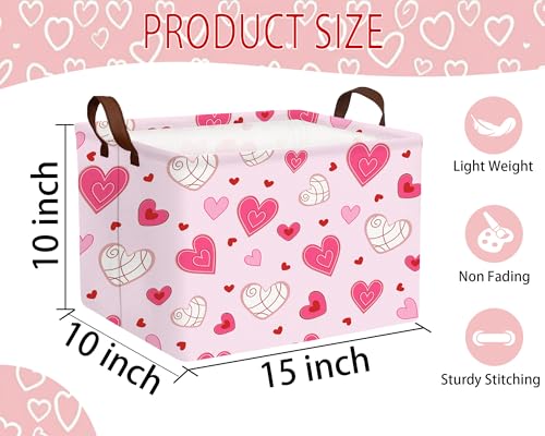 Image of Large Valentine's Day Basket Heart Shaped Storage Bin for Gifts Collapsible Organizer Room Decor (Pink Bottom Lines White Love)