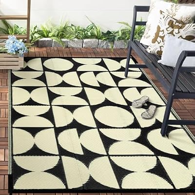 Wonnitar Outdoor Rug for Patio Clearance, 4x6 Waterproof Reversible Plastic Straw Rug,Indoor Outdoor Area Rug, Outside RV Rug for Camping, Geometric Mat for Deck Balcony Porch (Black & Beige,4'x6')