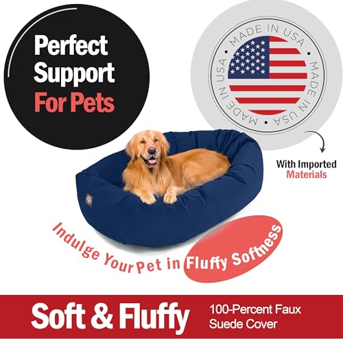 Image of Majestic Pet Suede Shredded Memory Foam Mix Calming Dog Bed Washable - Cozy Soft Round Dog Bed with Spine for Head Support - Fluffy Donut Dog Bed, 40 Inch, Navy
