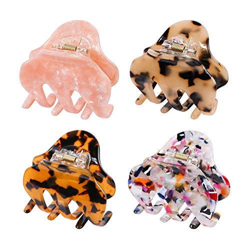 Hair Claw Clips, BENBO 4 Packs 2.2 Inch Assorted Color Small Tortoise Barrettes Acrylic Shell Hair Jaw Clips Clamp French Design Leopard Print Hair Clips Ponytail Holder for Women Girls