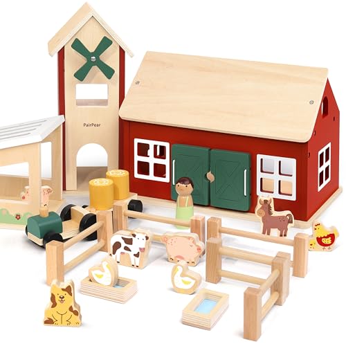 Image of PairPear Wooden Barn & Tractor Farm Playset, 31 Piece Pretend Farm Animal Toy Set with Barn, Tractor & Trailer, Montessori Learning Gift for Toddlers Ages 3+