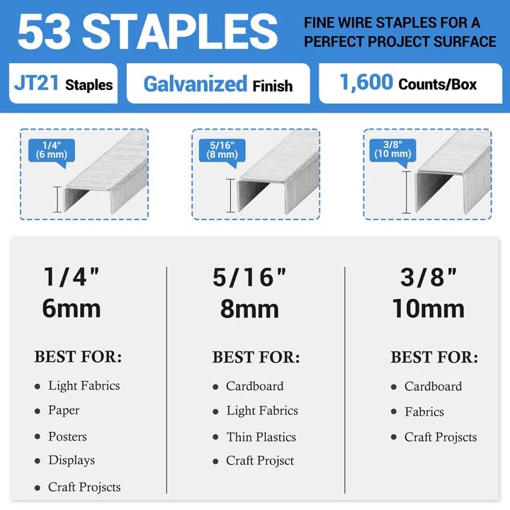 Image of meite JT21 Staples, 1 /4 Inch Galvanized Fine Wire Staples for Staple Gun - 1,600 Counts, 7 /16 inch Crown JT21 Staple Refill, Ideal for Upholstery, Crafts, Furniture