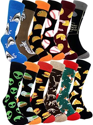 HSELL Mens Colorful Dress Socks Novelty Men Funny Pattern Fashionable Fun Crew Cotton Socks (12 Pairs)