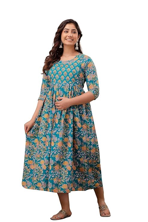 Image of Women's Pure Cotton All Over Printed Maternity Feeding Kurti | All Over Print Maternity Gown