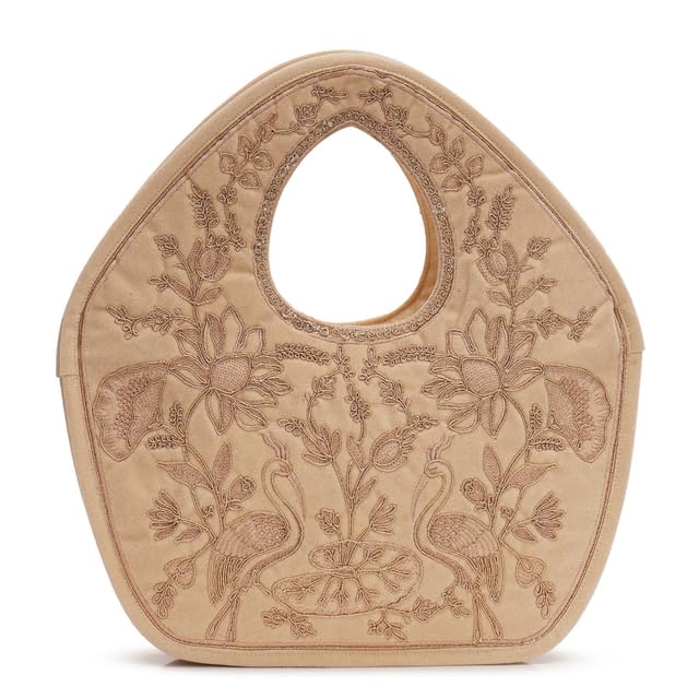 Peacock Embroidered Purse Beige Soft Poly Suede Fabric with Copper Zari Dori Cording and Silk Thread Detailing-picture-34