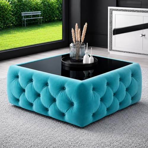 Image of Premium Tufted Upholstered Coffee Table with Mica Top - Modern Square Ottoman Center Table, Soft Velvet Finish, Luxury Living Room Furniture - 30 x 30 x 18 Inch (Sea Blue)