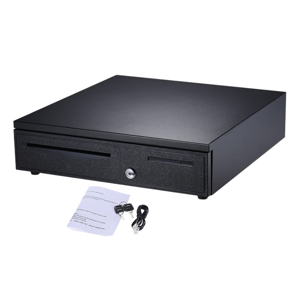 Aramox Cassetto Contanti Cassetto Registratore di Cassa in Metallo con Interfaccia RJ11 5 Vassoi per Banconote 5 Vassoi per Monete Scomparti Regolabili Blocco a 3 Posizioni per Bancone Ristorante