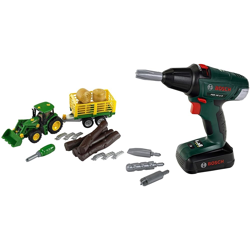 Theo Klein 3906 John Deere Tractor with Wooden and Hay Cart I Screw Set Including Screwdriver 3 and Over & 8567 Bosch Akkuschrauber | Mit rotierenden und auswechselbaren Aufsätzen ab 3 Jahren
