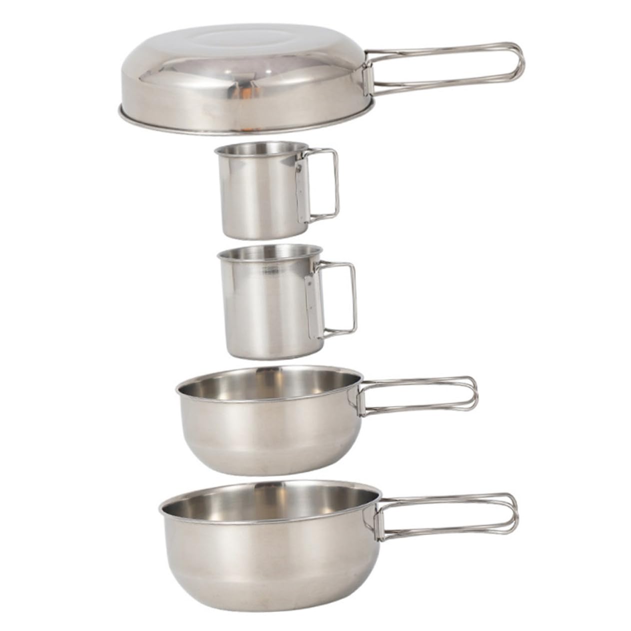 Ensemble de Vaisselle de Camping Poêle à Frire et Tasse 5 Pièces en Acier Inoxydable Design Empilable à Fond Plat pour Pique-niques et Randonnée