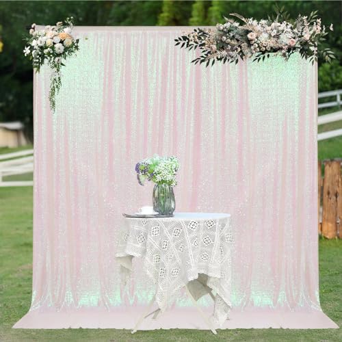 Image of PartyDelight Iridescent White Sequin Backdrop 8x8ft 4 Inch Rod Pocket | Iridescent white 3mm sequins show pink and purple tones under light on mesh backing for photos arches stages and party walls
