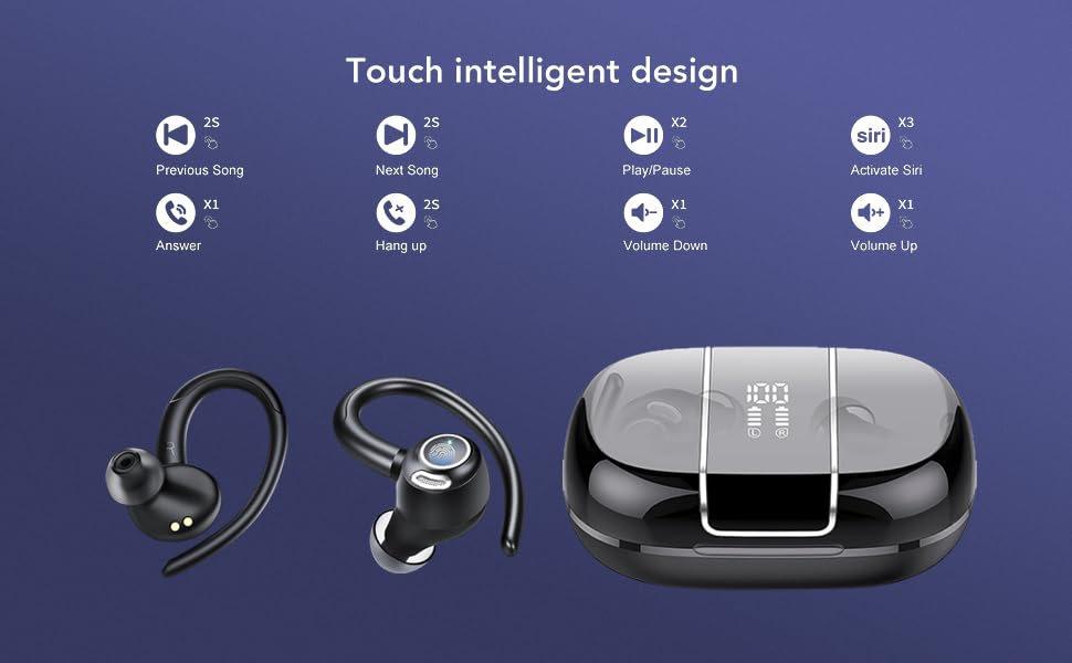 Diagram of BOLOXA V90 earbud touch controls for music, calls, and voice assistant