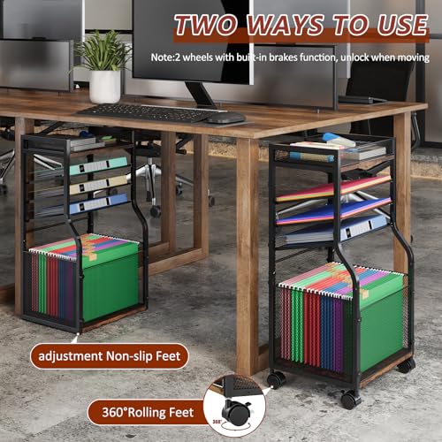 Image of 3IngSeagulls Rolling File Cart, 5-Tier Mobile Filing Cabinet on Lockable Wheels, Under Desk Storage, Mesh Sliding Hanging Folder, Office Storage & Organization Cabinet for Office, Home, and School