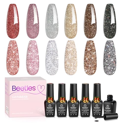 Beetles Glitter Gel Nail Polish, 6 Colors Holographic Sparkle Glitter Winter Gel Polish Flash Diamond Sliver Gold Red Black UV LED Soak Off Manicure Gift for Women