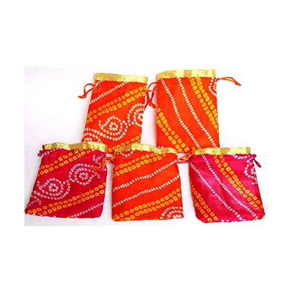 BERRYCRAVE Jaipuri Bandhej Print Fabric Drawstring Pouch Potli Bag (17X 11 Cms) X Five|Golden Top Border Wedding Gift Jewellery Ring Shagun Gold Silver Coins Gifting-Mix Colour, 5 count - Image 8