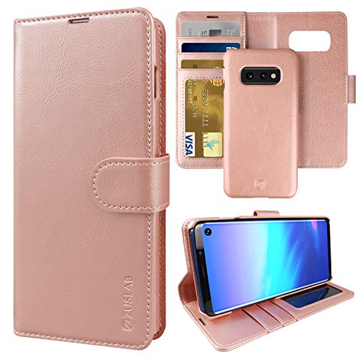 ZUSLAB Cuero Genuino Funda Compatible con Galaxy S10e, Desmontable con Porta Tarjeta de Crédito Ranura Billetera Cover- Oro Rosa Cover