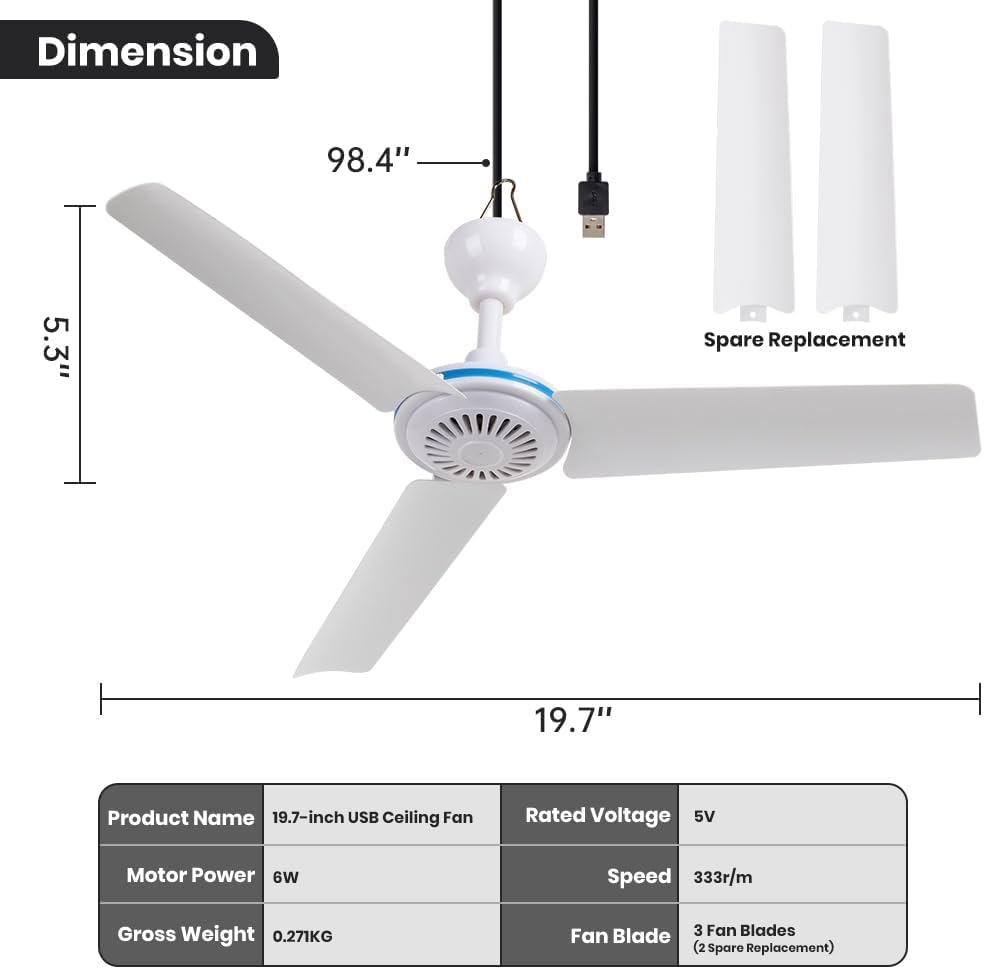 Ventilateur De Plafond USB Portable - 50 Cm - Alimentation Powerbank - Pour Tente, Camping-Car, Bureau - ESLOYSUN